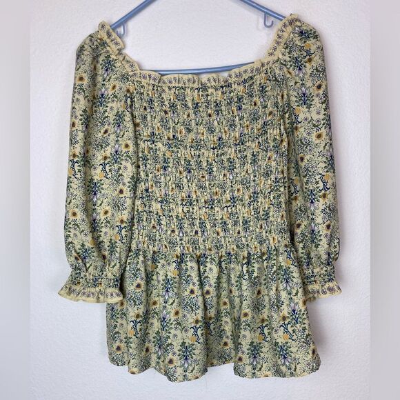 Max Studio butter yellow floral chiffon blouse w/ stretchy bodice long sleeves - Picture 5 of 12